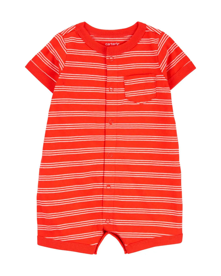 Striped Snap-Up Romper - Red