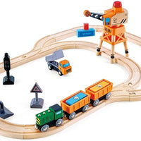 Hape Crossing & Crane Set | 32-Piece Wooden Railway Cargo Playset for Kids Multicolor