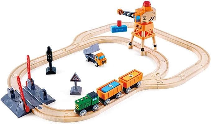 Hape Crossing & Crane Set | 32-Piece Wooden Railway Cargo Playset for Kids Multicolor