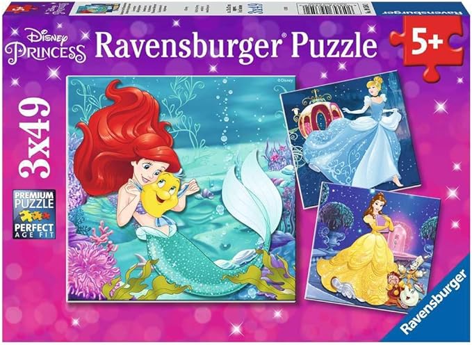 Ravensburger Disney Princesses Puzzle Set | 3 x 49-Piece Jigsaw Puzzles | Unique Piece Design | Fosters Brain Development in Kids | FSC Certified Materials