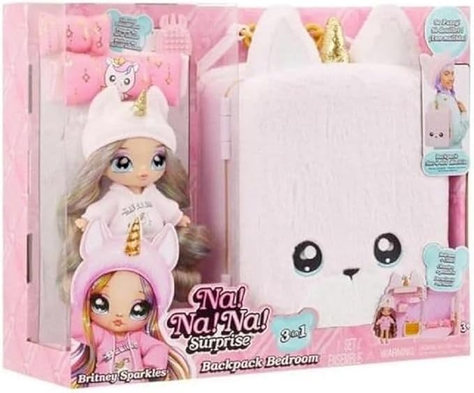 for Surprise 3-in-1 Backpack Bedroom Unicorn Playset with Doll - Whitney or Britney Sparkles - Fashionable Doll and Backpack with Pink Unicorn, Wardrobe with Pillows and Blanket - Set for Children