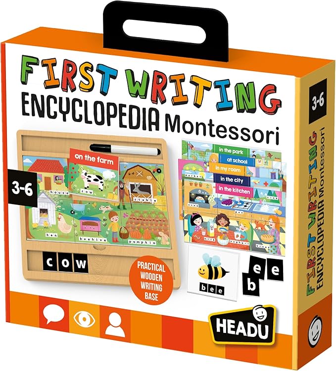 First Montessori Writing Encyclopedia - Ages 3-6 - Reusable Wooden Letter Tracing Board, Learning to Write, Learn to Write for Kids Age 3, Montessori Letter Tracing, Toddler Writing Practice
