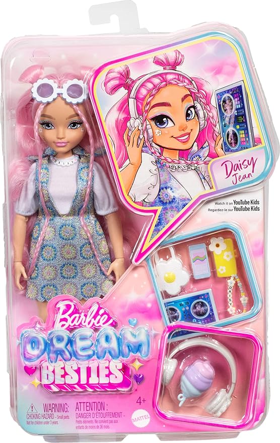Barbie Dream Besties Doll and Accessories, Daisy Jean Posable Fashion Doll with Removable Fashions & Wavy Pink Hair, 9 DJ & Music Themed Pieces