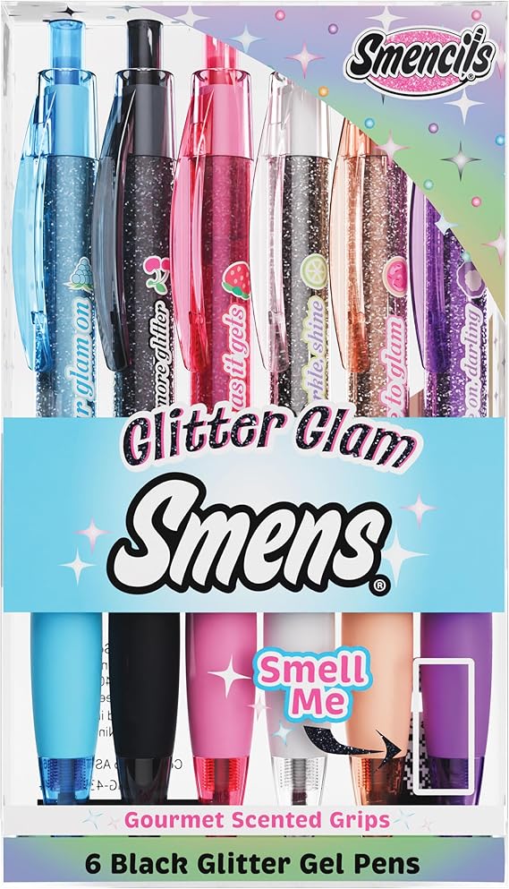 Glitter Glam Smens - Patented Gourmet Scented Black Glitter Gel Ink Pens, Medium Point, 6 Count - Fun, Cute, Cool, Smelly Pens for Kids