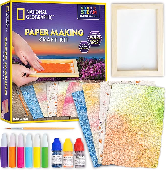 National Geographic Kids Paper Making Kit - Make & Decorate 10 Sheets of Craft Paper with Wooden Silk Screen Mold, Paints & More, Arts & Craft Kit for Scrapbooking & Other Kids Projects