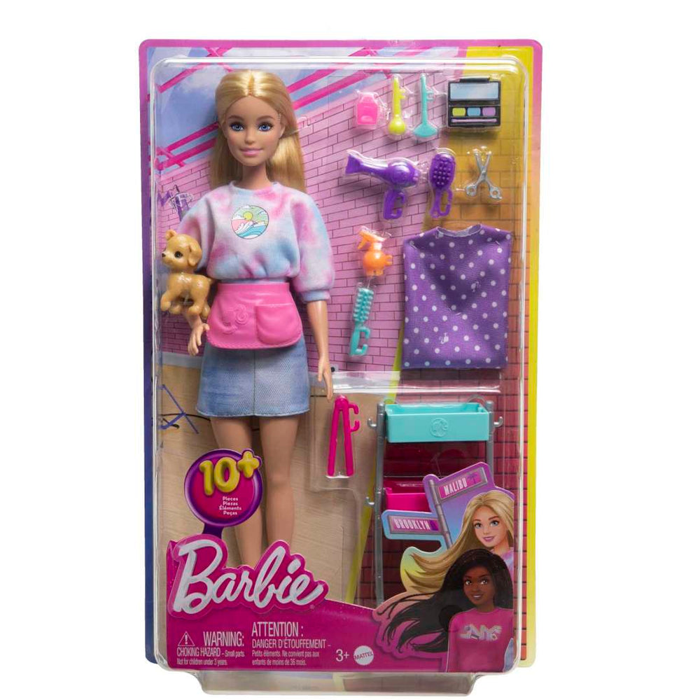 Barbie “Malibu” Stylist Doll & 14 Accessories Playset, Hair & Makeup theme With Puppy & Styling Cart