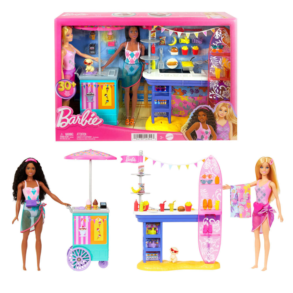 Barbie Beach Boardwalk Playset With Barbie “Brooklyn” & “Malibu” Dolls, 2 Stands & 30+ Accessories